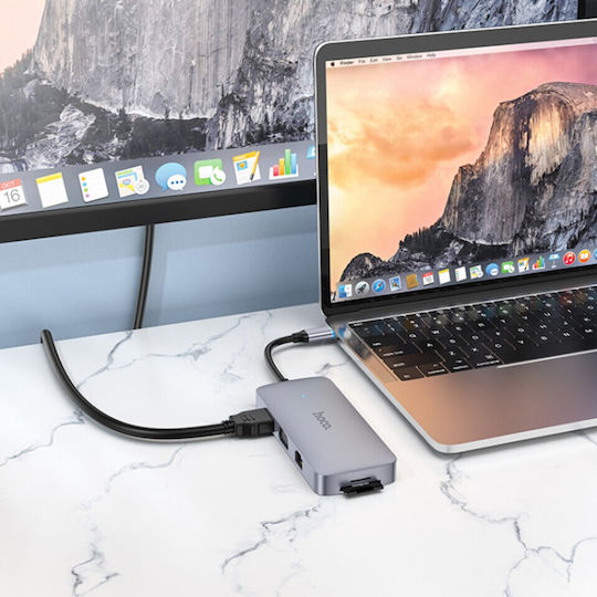Hoco HB33 Easy USB-C Docking Station mit HDMI 4K PD Ethernet und Verbindung 2 Monitore Gray