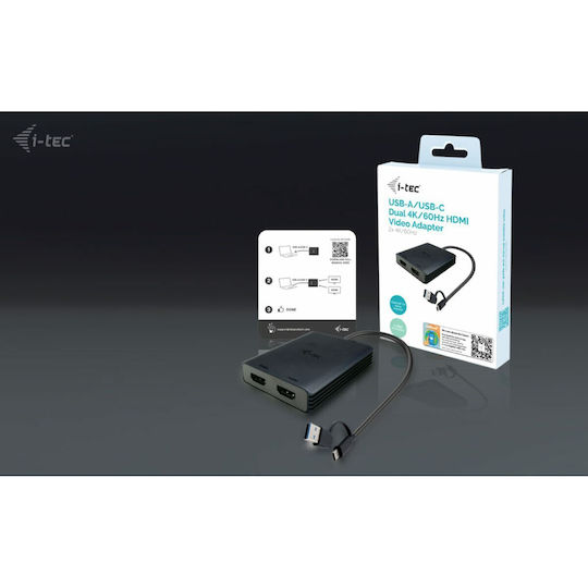 i-tec USB-A / USB-C Docking Station με HDMI 4K και σύνδεση 2 Οθονών Μαύρο (CADUAL4KHDMI)