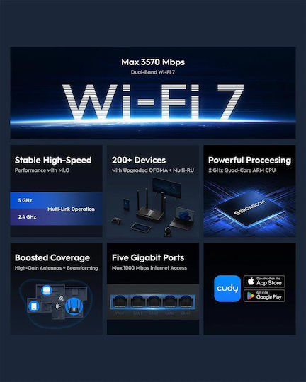 Cudy WR3600 v1 Ασύρματο Router Wi‑Fi 7 με 5 Θύρες Gigabit