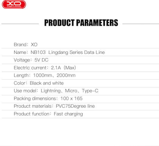 XO NB103 3in1 Regular USB to Lightning / Type-C / micro USB 1m 2.1A Cable White (80-0307-010)