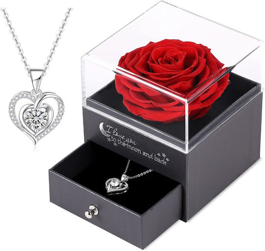 Rote Rose mit Silber-Halskette in Box