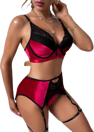 La Lolita Amsterdam Poppy Plush Lace Detail Lingerie Set with Brazil Underwear & Bra & Bra with Banella Burgundy