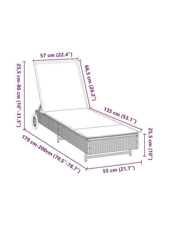 Ξαπλώστρα Rattan με Μαξιλάρι & Ρόδες Γκρι 200x55x25.5εκ.