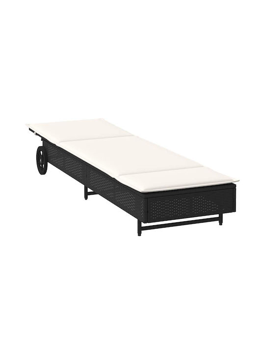 Liegestuhl Rattan mit Kissen & Rädern Schwarz 200x55x25.5cm.