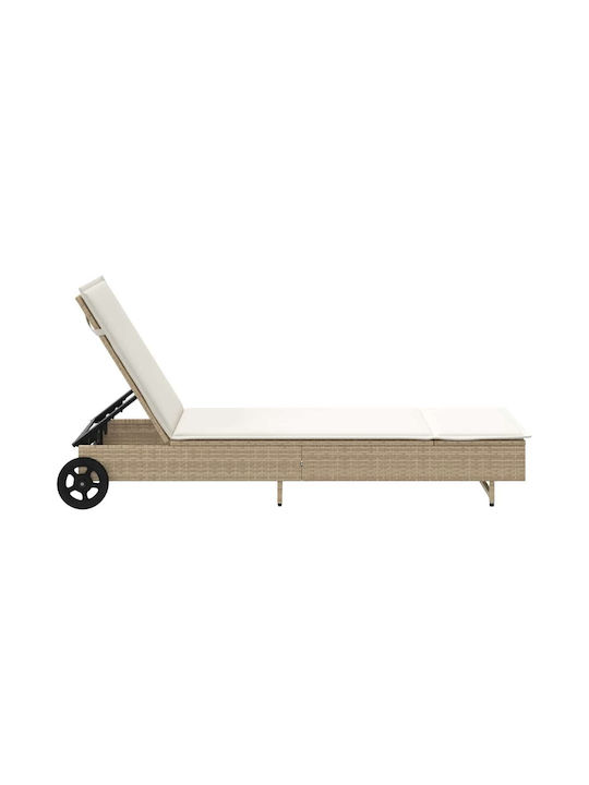 Ξαπλώστρα Rattan με Μαξιλάρι & Ρόδες Μπεζ 200x55x25.5εκ.