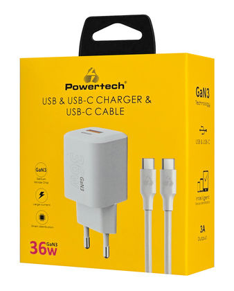 Powertech Ladegerät GaN mit USB-A Anschluss und USB-C Anschluss und Kabel USB-C - USB-C 36W Stromlieferung / Schnellaufladung 3.0 Weißs (PT-1351)