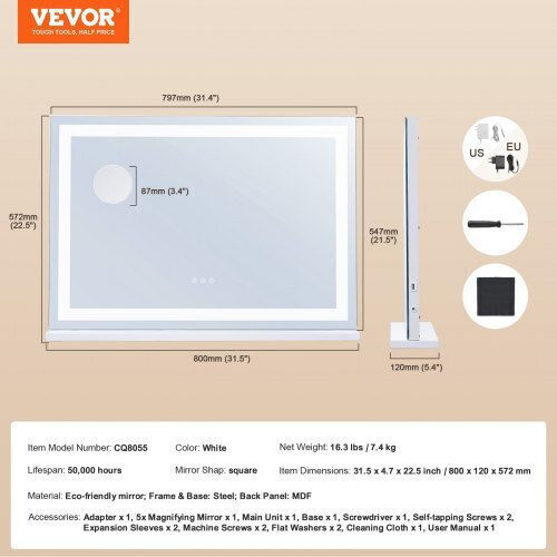 Vevor Καθρέπτης Τοίχου με Μπεζ Ξύλινο Πλαίσιο & LED Φωτισμό 55x80cm