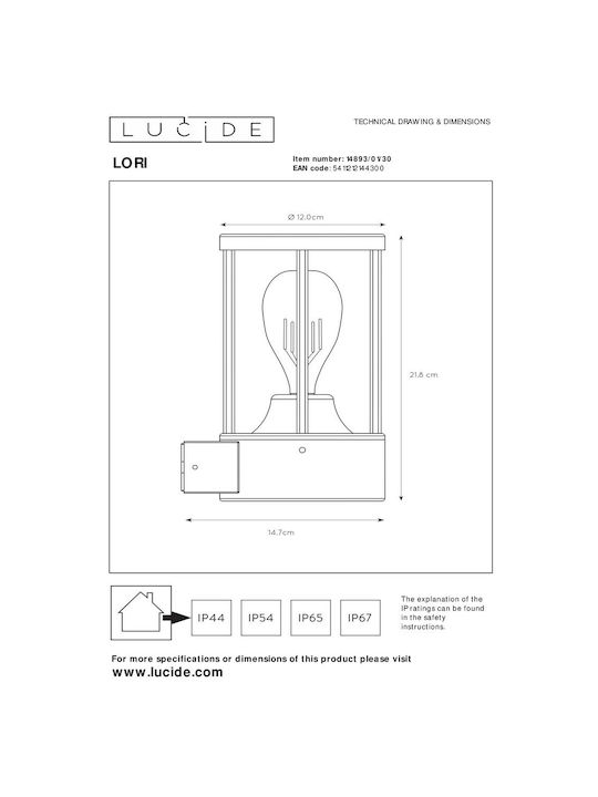Lucide Lightning Lori Wandmontierte Außen-Laterne E27 IP44