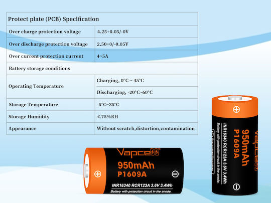 Baterie Vapcell 16340 P1609a 950mAh 3A