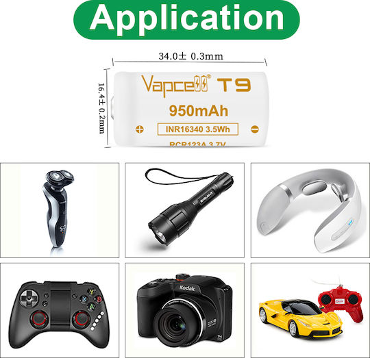 Vapcell 16340 T9 Battery 950mah 3a