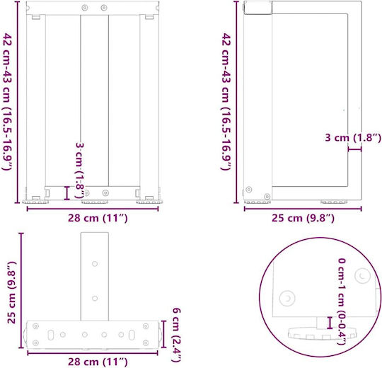 vidaXL Metallic Furniture Leg 2 Pieces Suitable for Table / Coffee Table / Office 28x25x42cm Black