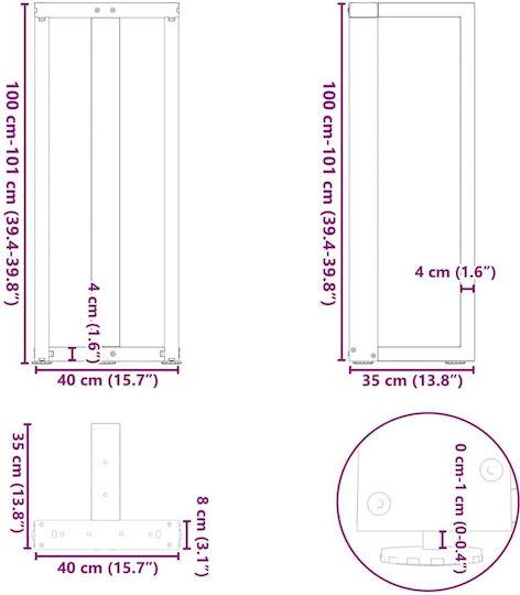 vidaXL Metallic Furniture Leg 2 Pieces Suitable for Table / Coffee Table / Office 40x35x100cm White
