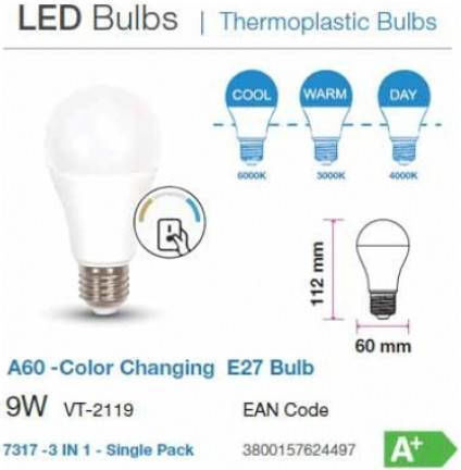 V-TAC VT-2119 LED крушка 9W 112mm за фасунга E27 и форма A60 Регулируемо бяло 806лм