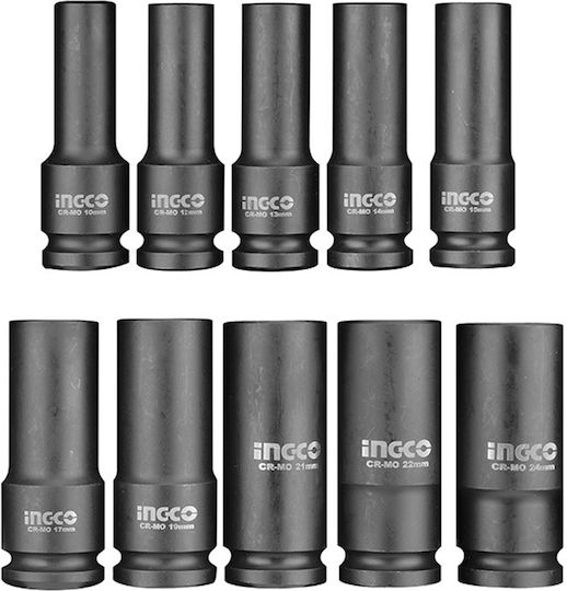 Ingco Căpăcei Pneumatic - Pneumatic Hexagonali Lungi cu Patrat de Prindere 1/2" Set 10buc