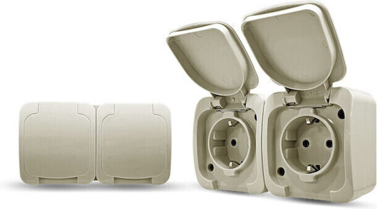 Geyer Διπλή Εξωτερική Πρίζα Ρεύματος Στεγανή με Καπάκι Γκρι
