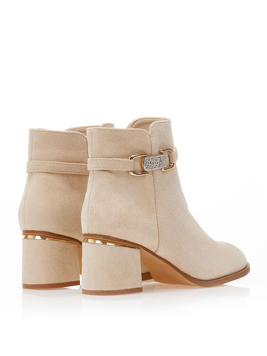 Suede Women's Ankle Boots with Medium Heel Beige