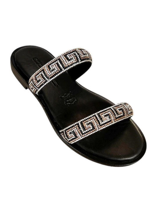 Leather Women's Flat Sandals in Black Color