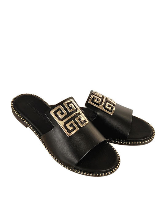Leather Women's Flat Sandals in Black Color