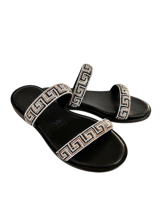 Leather Women's Flat Sandals in Black Color