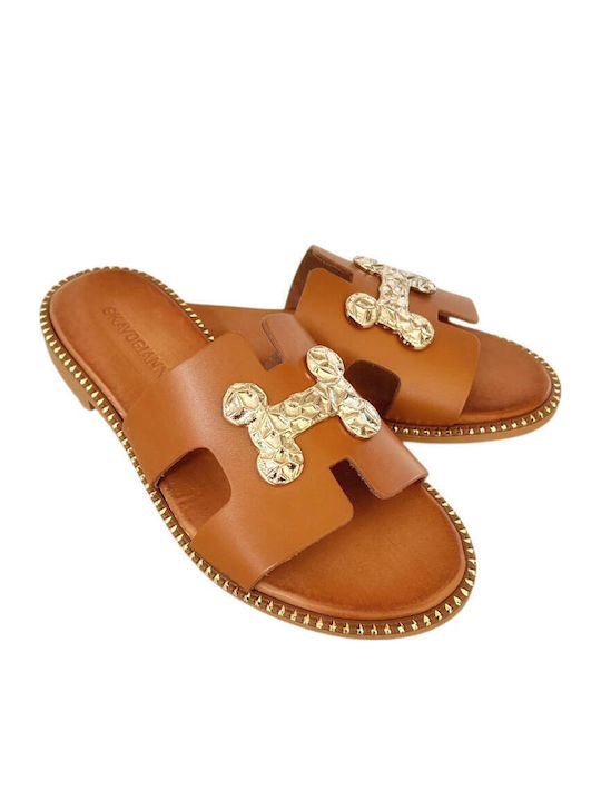 Leather Women's Flat Sandals in Tabac Brown Color