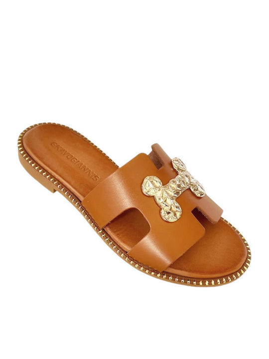Leather Women's Flat Sandals in Tabac Brown Color