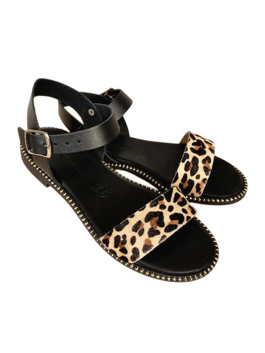 Leather Women's Flat Sandals in Black Color