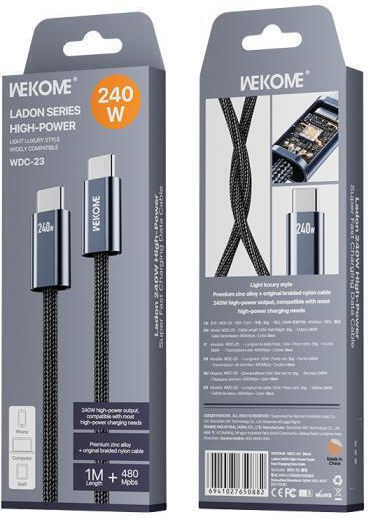 WK Braided USB 2.0 Cable USB-C male - USB-C 240W PD Μαύρο 1m