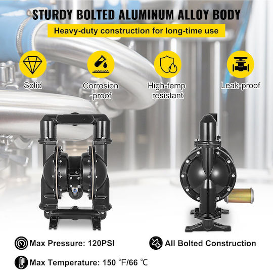 Vevor Air-operated Double Diaphragm Pump Inlet & Outlet 2 Inches Aluminum Alloy Body 75 Gpm & Max 120 Psi Nitrile Diaphragm Transfer Pump Diesel Oil Low Viscosity Liquids