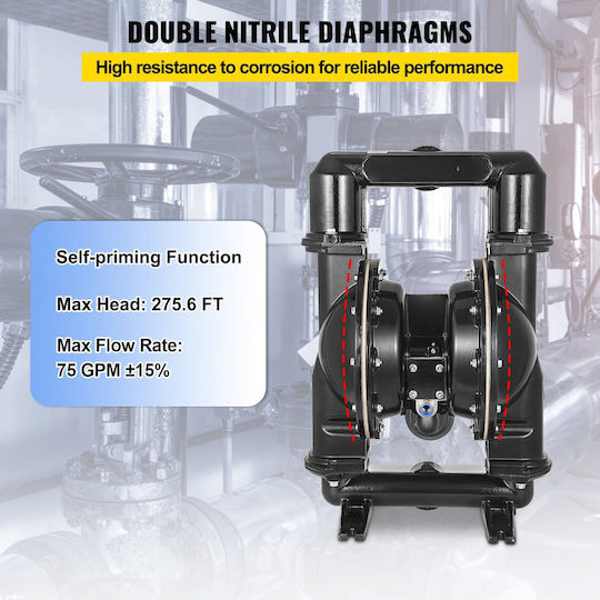 Vevor Air-operated Double Diaphragm Pump Inlet & Outlet 2 Inches Aluminum Alloy Body 75 Gpm & Max 120 Psi Nitrile Diaphragm Transfer Pump Diesel Oil Low Viscosity Liquids
