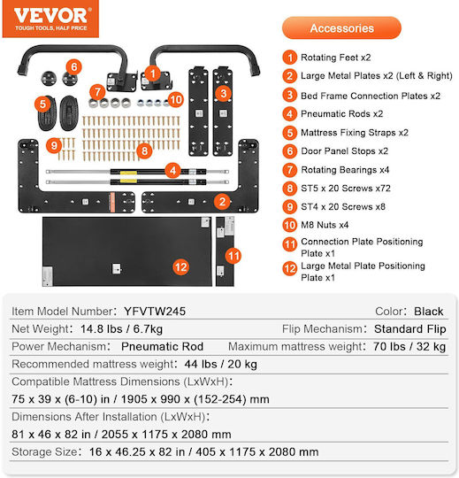 Vevor Murphy Κιτ Κρεβατιού Δύο Μονά Μεγέθη Vertical Deluxe Diy Πτυσσόμενο Κρεβάτι Τοίχου