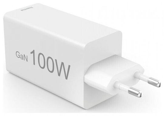 HAMA Зарядно без кабел GaN с USB-A порт и 2 USB-C порта 100W Power Delivery Бял (201997)