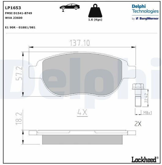 Delphi Brake Pad Front for Citroen Berlingo / C3 / C4 / Xsara Fiat Doblo Peugeot 1007