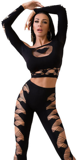Chilirose Women's Sexy Top Top & Leggings With Strings & Hearts Black