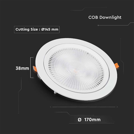 V-TAC Στρογγυλό Χωνευτό LED Panel 20W με Ψυχρό Λευκό Φως 6400K 17εκ.