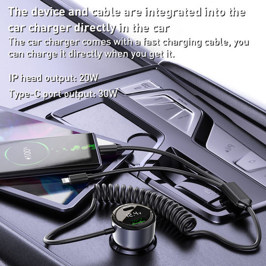 Yesido Auto-Ladegerät 60W Schnellladung mit Anschlüssen: 1xUSB 1xType-C mit Kabel Typ-C,TC-TC / Blitzschlag Gray Farbe