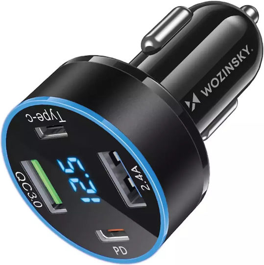 Wozinsky Auto-Ladegerät 50W 5A mit Anschlüssen: 1xUSB 2xType-C Schwarz Farbe
