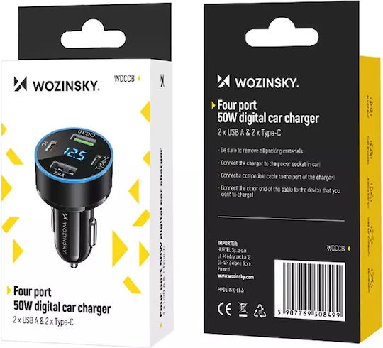 Wozinsky Auto-Ladegerät 50W 5A mit Anschlüssen: 1xUSB 2xType-C Schwarz Farbe