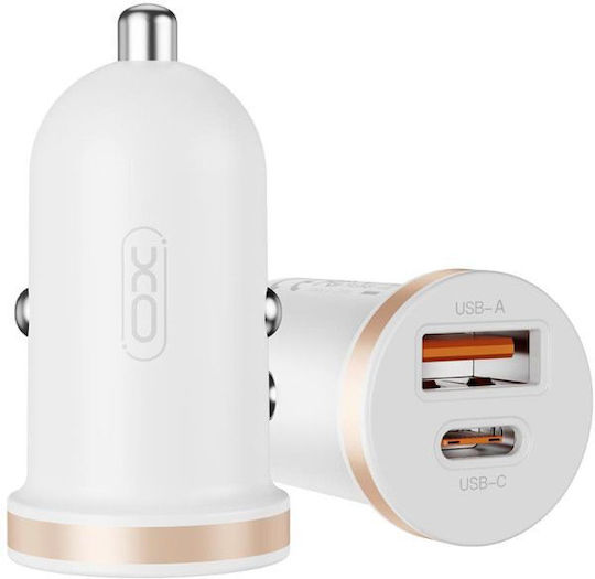 XO Car Charger White Total Intensity 5A with Ports: 1xUSB 1xType-C with Cable Type-C