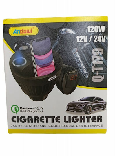 Andowl Car Charger 120W 2.1A with Ports: 2xUSB with Cable Embedded Black Color