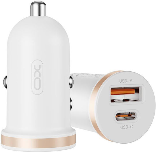 XO Auto-Ladegerät 30W mit Anschlüssen: 1xUSB 1xType-C Weiß Farbe