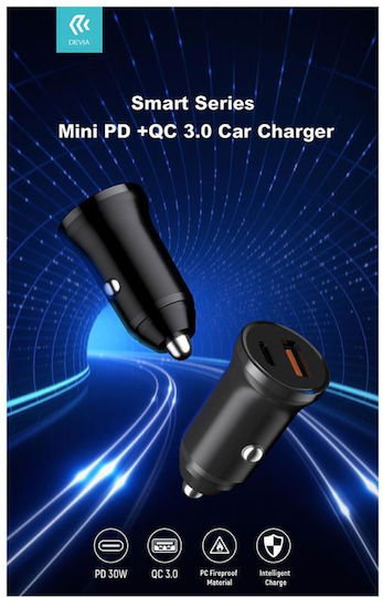 Devia Car Charger 30W with one Port: 1xUSB Black Color