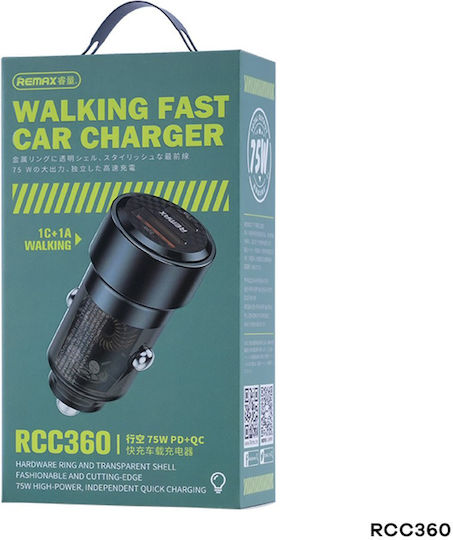 Remax Φορτιστής Αυτοκινήτου Series 75W 25A με Θύρες: 1xUSB 1xType-C