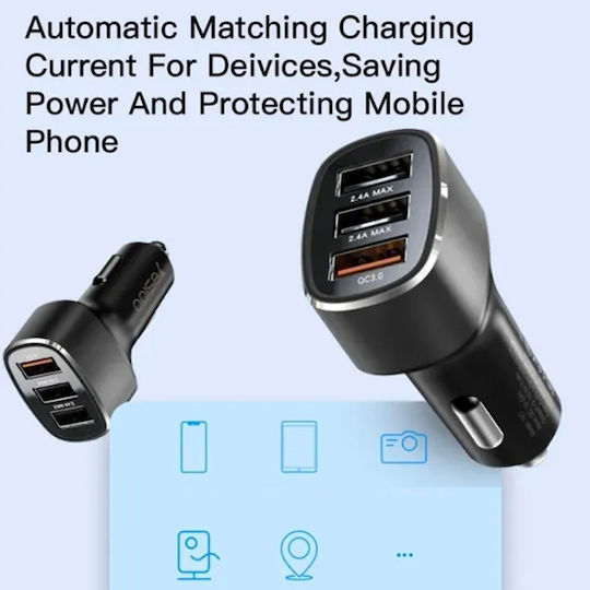 Yesido Car Charger 42W 2.4A Fast Charging with Ports 3xUSB-A Black Color