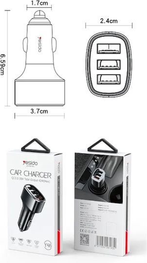 Yesido Car Charger 42W 2.4A Fast Charging with Ports 3xUSB-A Black Color
