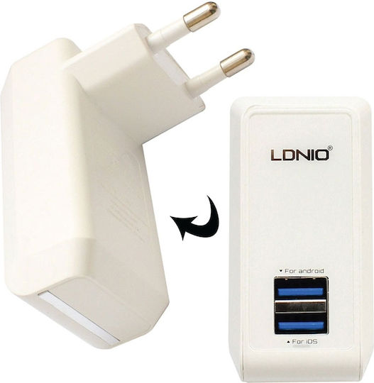 Ldnio S100 Car Charger 2.1A with 2x USB-A Ports and Lightning Cable White Color