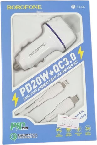 Borofone BZ14A Handy-Autoladegerät 20W 3A Schnellladen mit Anschlüssen 1xUSB 1xType-C zusammen mit Lightning Kabel Weiß Farbe