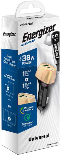 Energizer D38BG Handy-Autoladegerät 38W 4A mit Anschlüssen: 1xUSB 1xType-C Gold Farbe