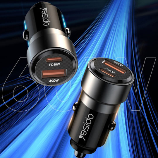Yesido Автомобилен Зарядно Устройство 60W С Бързо Зареждане С Портове 1xUSB-A 1xType-C С Type-C Кабел Черен Цвят