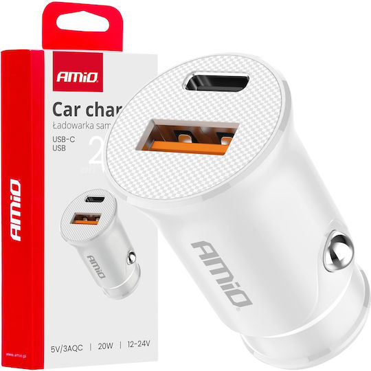 AMiO Φορτιστής Αυτοκινήτου 20W με Θύρες: 1xUSB 1xType-C Λευκός