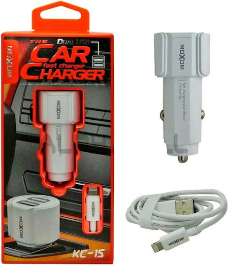 Moxom KC-15 Car Charger 2.4A with one Port: 1xUSB with Cable Lightning White Color